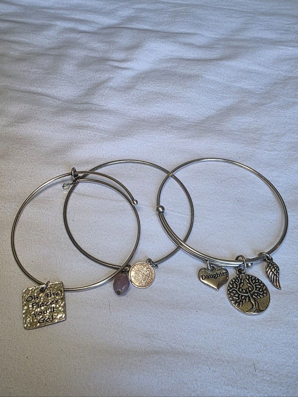 Silver Tone Charm Bangle Bracelet Set- Daughter, Coin, Oh The Places You'll Go
